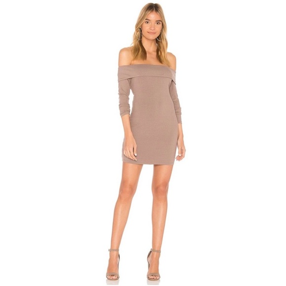 Privacy Please Silas Ribbed Taupe Off the Shoulder Dress - Picture 1 of 5